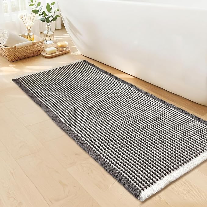 Waffle Runner Bath Mat - Long Boho Bathroom Rugs Non Slip Washable, Super Absorbent & Quick Dry, Soft Bath Mat Farmhouse Bathroom Decor, 24'' x 72'', Dark Grey and White