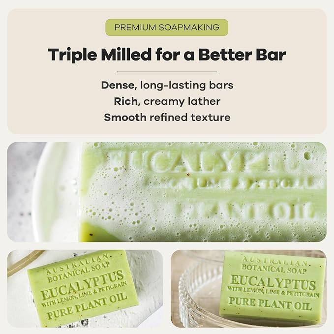 Australian Botanical Soap, 6.6 OZ, Eucalyptus, Lemon, Lime, and Petitgrain, Triple Milled Bars made with a Natural Soap Base and Enriched with Organic Shea Butter, Pack of 8