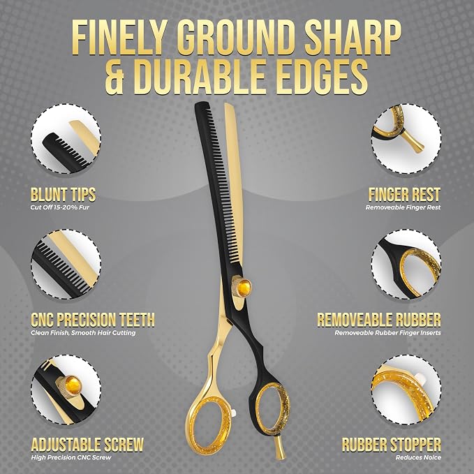 ZAVRIX Professional Dog Grooming Scissors – 7.5” Curved Thinning Shears with 34 Teeth, Pet Chunkers for Dogs & Cats, Premium 440C Stainless Steel Grooming Tools (Golden Black Curved Thinning Scissor)
