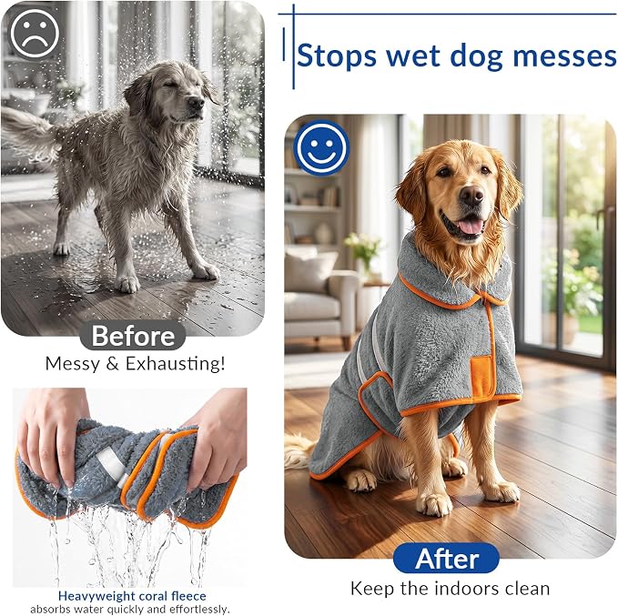 Bienbee Dog Bathrobe, Quick Drying Super Absorbent Pet Robes for Small Medium Large Dogs, Drying Coat for After Bath & Swim, Warm & Cozy Dogs Towels, Dog Puppy Bath Supplies, Gray L