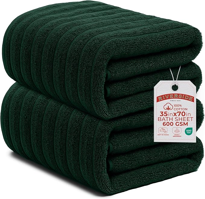 RIVERSIDE Pack of 2 Extra Large Bath Sheet Towels, 35 x 70 Inches, 600 GSM, Ribbed Stripe, 100% Cotton - Super Soft, Highly Absorbent & Quick Dry for Bathroom, Spa & Hotel, Hunter Green