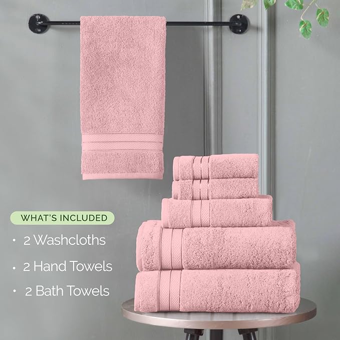 Elegant Comfort Luxury 6-Piece Towel Set, Premium Soft 100% Turkish Cotton, Three Line Popcorn Design 2 Bath Towels, 2 Hand Towels and 2 Washcloths Towel Set - Quick-Drying and Absorbent, Dusty Pink