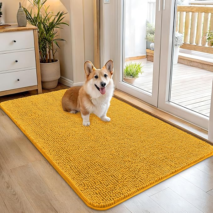 OLANLY Dog Door Mat for Muddy Paws 45x27, Absorbs Moisture and Dirt, Absorbent Non-Slip Washable Doormat, Quick Dry Chenille Mud Mat, Entry Indoor Entryway Carpet for Inside Floor, Golden Yellow