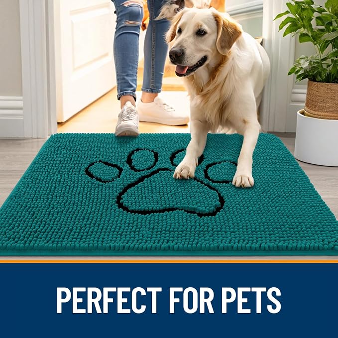 OLANLY Dog Door Mat for Muddy Paws 48x30, Paw Print Design, Absorbs Moisture and Dirt, Absorbent Non-Slip Washable Doormat, Quick Dry Chenille Mud Mat for Dogs, Entry Indoor Entryway Carpet, Lake Blue