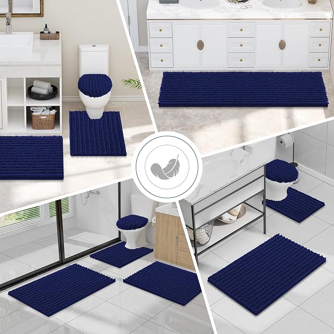 Smiry Bathroom Toilet Rugs U Shaped 20x20, Extra Soft Absorbent Non Slip Rubber Backing Chenille Contour Bath Rugs for Toilet, Machine Washable Contoured Bath Mats, Navy Blue