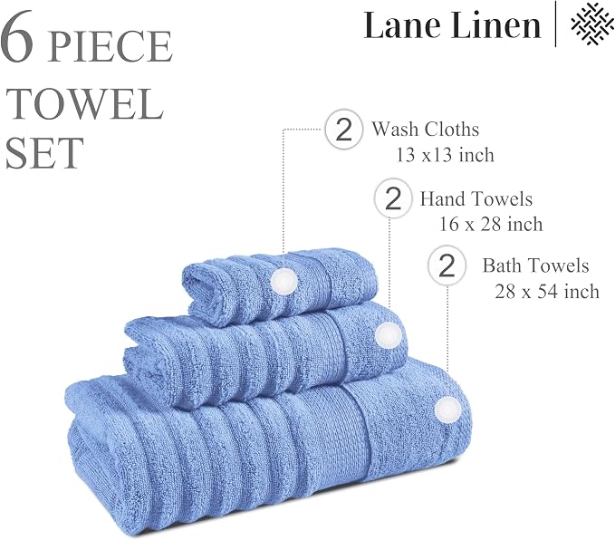 LANE LINEN 100% Cotton Bath Towel - 6 Piece Set - Hotel Grade Luxury Zero Twist Cotton - 2 Bath, 2 Washcloths, 2 Hand Towels for Bathroom - Super Soft, Quick Dry & Highly Absorbent - Cerulean Blue