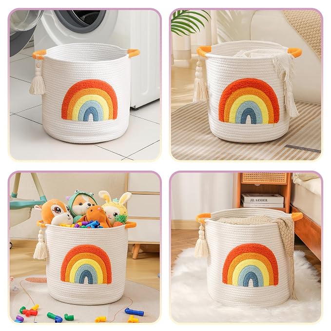 Toy Storage Baskets Woven Cotton Rope Storage Basket Kids Blanket Baskets for Living Room, Toys Organizer with Embroidery Colorful Rainbow Decor, Baby Basket for Laundry Nursery (Boho Rainbow)