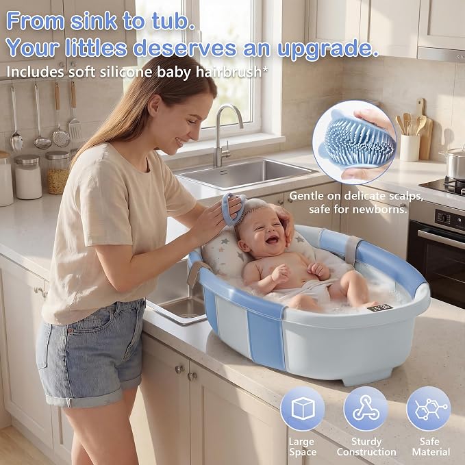 Collapsible Baby Bathtub - Large Baby Bath Tub with Thermometer | Bath Essential Bañera para Bebe Easy Fold Baby Tub | Travel Infant Newborn Toddler Bathtub for Baby Girl Boy 0 to 36 Months (Blue)