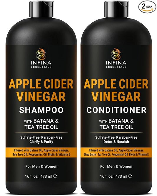 INFINA ESSENTIALS Apple Cider Vinegar Shampoo and Conditioner Set | Clarifying & Detoxifying for Oily Scalp | 16 fl oz Each | with Batana Oil, Biotin & Tea Tree Oil | Men & Women | Made in USA