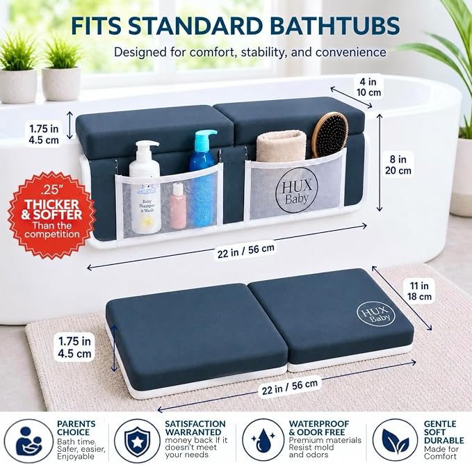 Comfortable Baby Bath Kneeler and Elbow Rest Pad Set, Non-Slip Bathtub Kneeling Pad for Bathing Baby, Bath Tub Cushion Mat, Elbow Pads, Toy Organizer Storage Pockets, Strong Suction Cups (Dark Gray)