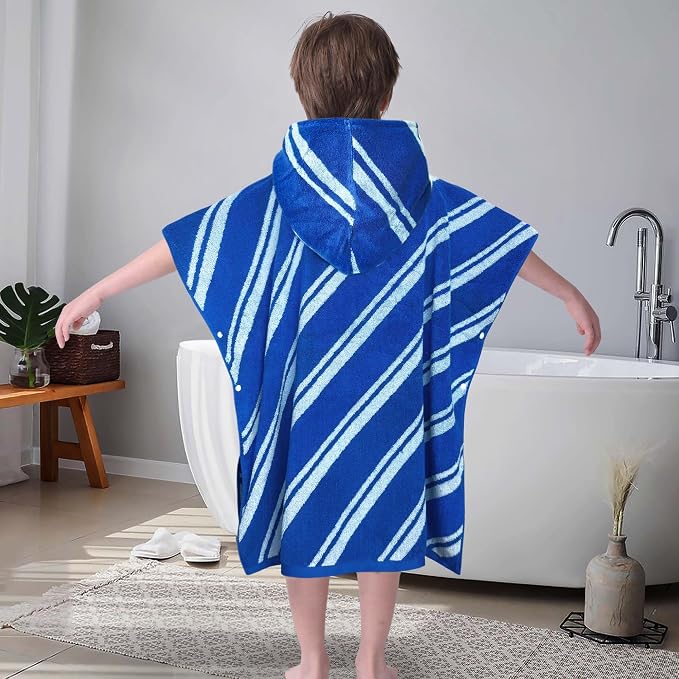 VOOVA & MOVAS Kids Hooded Poncho Towels (4-8Years,27.5"x27.5"),100% Cotton Soft Absorbent Towel for Boys,Perfect for Bathroom | Pool | Beach | Swimming, Jacquard Blue Stripe