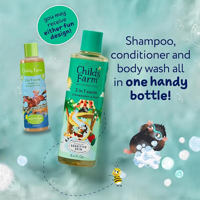 Childs Farm, Kids 3 in 1 Swim, Strawberry and Organic Mint, Body Wash, Shampoo and Conditioner, Suitable for Dry, Sensitive and Eczema-Prone Skin, 8.4 Fl Oz