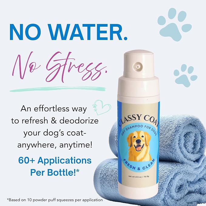 Dry Shampoo Powder & Coat Deodorizer for Dogs (Fresh & Clean) | Waterless No-Rinse Squeeze Bottle Formula | Calming Scent | Talc and Alcohol Free | Safe for Sensitive Skin | Made in USA