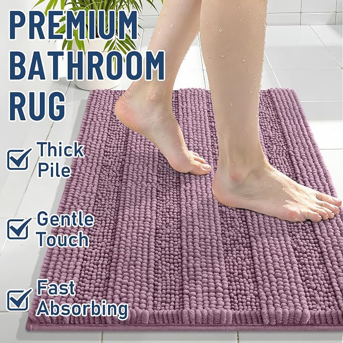 Grandaily Chenille Striped Bathroom Rugs 70x24, Extra Thick and Soft Absorbent Bath Mats, Rubber Backing, Plush Shaggy Shower Carpet, Machine Wash Dry, Bath Rug for Bathroom, Deep Plum