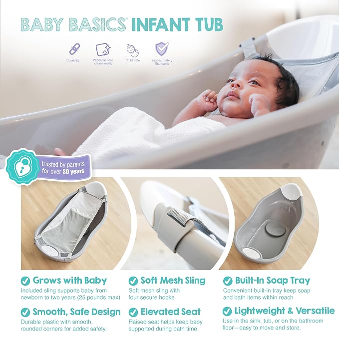 Regalo Baby Basics Infant Bath Tub with Air Mesh Sling, Adjustable Baby Bathtub for Newborn to Toddler, Baby Bath Seat Support, Easy Clean with Drying Hook