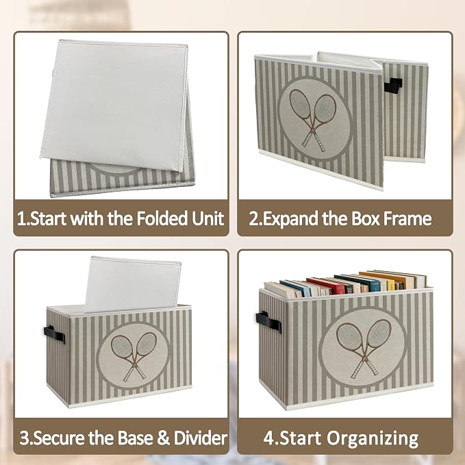 Tennis Sports Boy Storage Bins Box with Handles, Sports Kids Decor for Boys, Neutral Striped Tennis Racket Collapsible Organizer Basket for Nursery Room Bedroom Playroom Toys Books