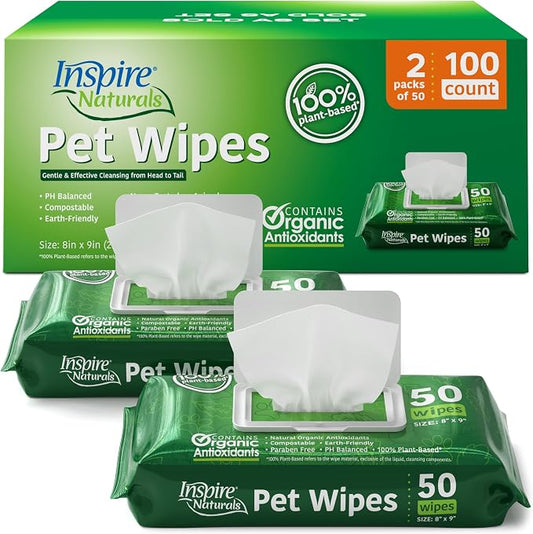 Inspire Naturals Pet Wipes for Dogs and Cats 100% Natural Plant Based with Organic Antioxidants, Dog Wipe Cleaning Deodorizing | Puppy Wipes | Dog Wipes for Paws and Butt(100ct - 2 Pack)