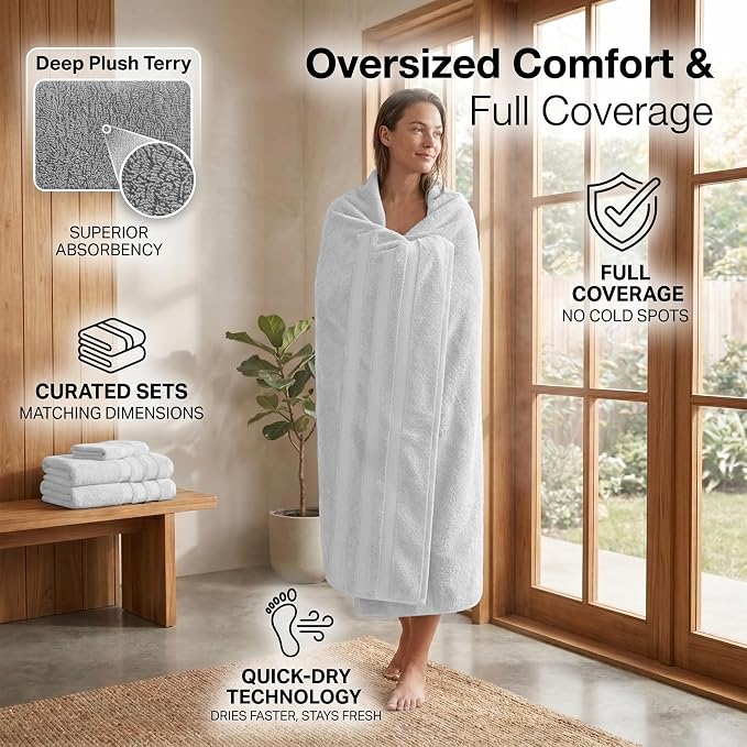 RIVERSIDE Pack of 2 Extra Large Bath Sheets 35 x 70 Inches, 100% Ring Spun Cotton, Hotel Quality, Oversized Bath Towels, Super Soft, Highly Absorbent & Quicker to Dry, White Bath Towels