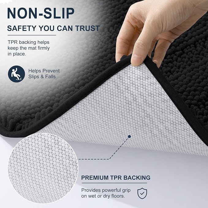 Smiry Thick Chenille Large Bathroom Rugs 40x24, Extra Soft Absorbent Striped Bath Mat, Machine Washable, Rubber Backing, Bath Rugs for Bathroom, Tub & Shower, Home Decor Accessories, Black