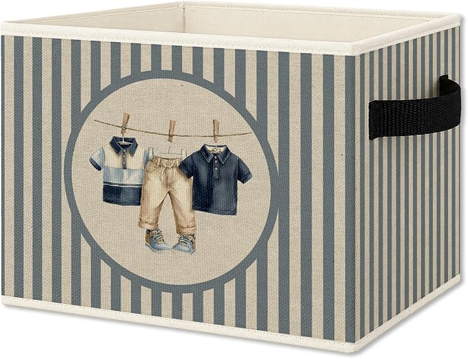 Boy Nursery Foldable Storage Bins Box with Handles, Blue Striped Laundry Clothesline Toddler Boy Collapsible Organizer Basket for Boys Kids Bedroom Bathroom Playroom Clothes Books
