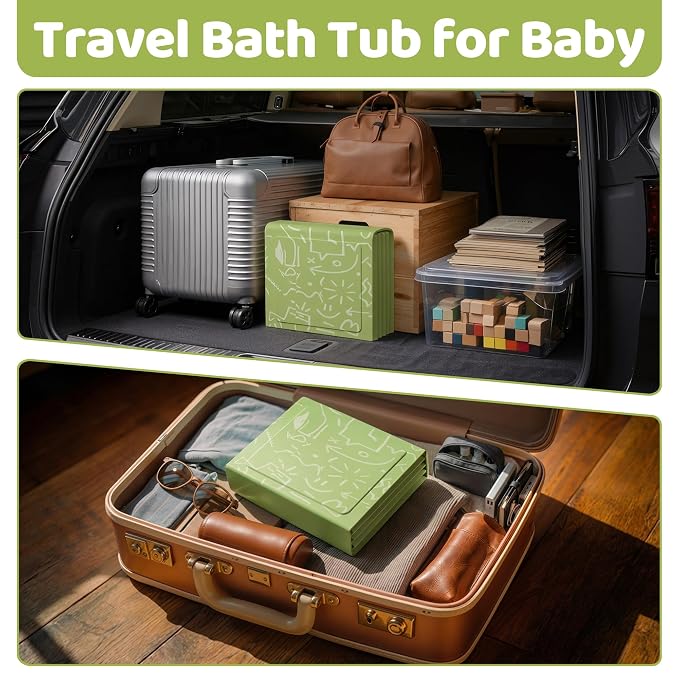 Collapsible Baby Bathtub for Newborn to Toddler, Foldable Toddler Bathtub with Drain Plug, Non-Slip Portable Infant Bath Tub for Travel, Storage & Outdoor Use, Green