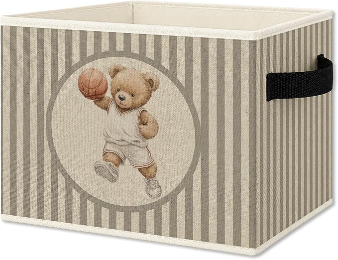 Basketball Bear Nursery Foldable Storage Bins Box with Handles, Neutral Striped Basketball Player Bear Collapsible Organizer Basket for Boys Kids Bedroom Bathroom Playroom Clothes Books