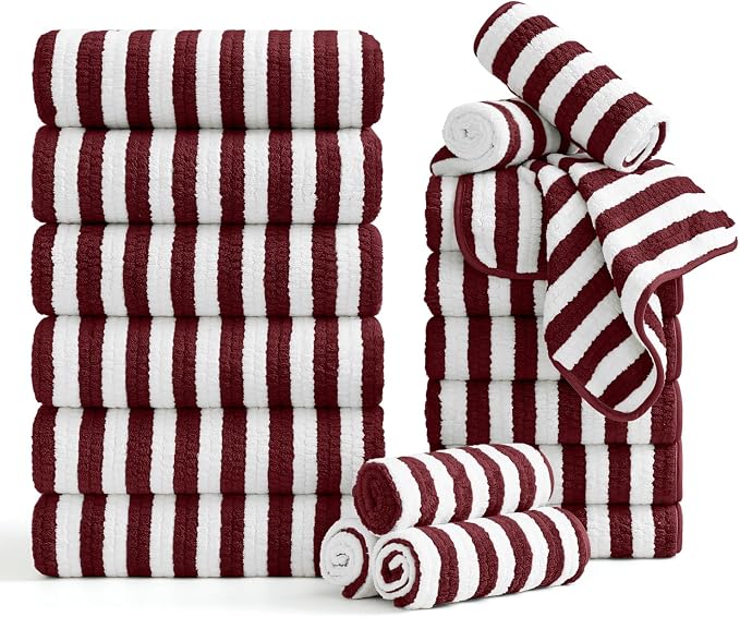 Smuge 18 Pcs Bath Towel Set, Include 6 Bath Towel Sheets, 6 Hand Towels and 6 Washcloths - Highly Absorbent Quick Dry Microfiber,Ultra Soft Bathroom Towel Set with Hanging Loop - Wine