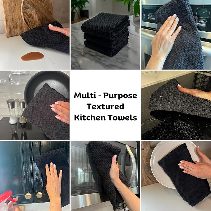 Serafina Home Black Textured Kitchen Hand Dish Towels 100% Cotton Cloth Soft Cleaning Drying Absorbent Terry Loop: Set of 3 Multipurpose for Everyday Use