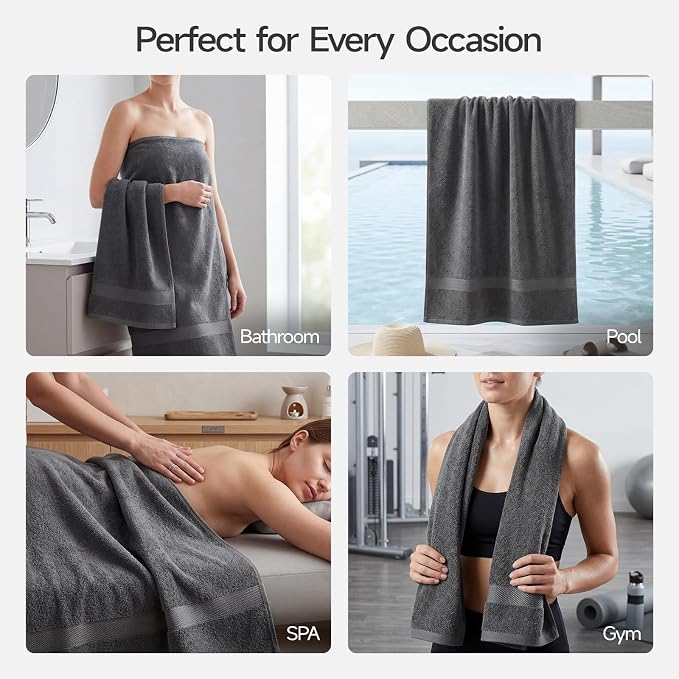 ecolook 2 Pack 100% Cotton Bath Towels, 28 x 55 Inches, Soft | Lightweight, Highly Absorbent & Quick Dry Body Towels for Bathroom, Shower, Gym & Daily Use, Dark Gray