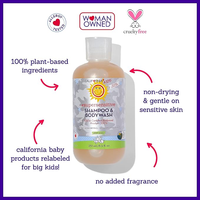 California Kids Shampoo + Body Wash | Super Sensitive Unscented | Gentle Skin Care for Kids + Teens | 100% Plant-Based | Hypoallergenic | 8.5 oz
