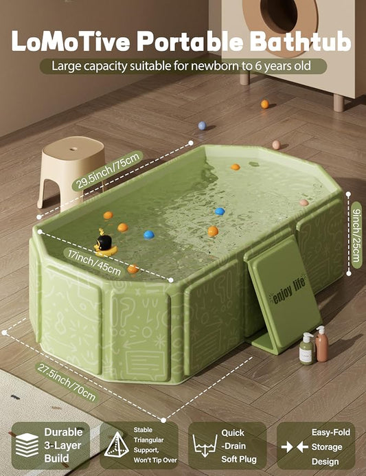 30" Collapsible & Portable Baby Bathtub for Newborn to 6 Years,Green | Foldable,Thick PVC,Reinforced PP Frame,Non-Slip Base,Drain Plug,Easy Clean Carry Storage for Indoor Outdoor Travel