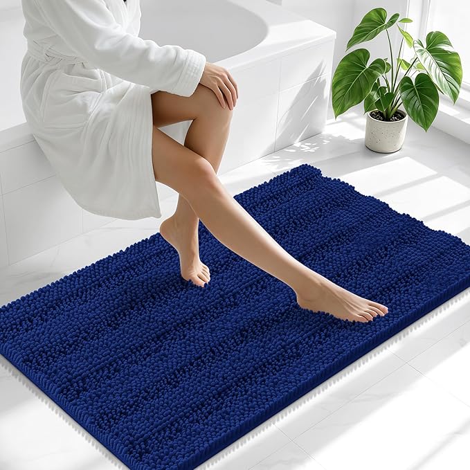 Smiry Thick Chenille Large Bathroom Rugs 45x27, Extra Soft Absorbent Striped Bath Mat, Machine Washable, Rubber Backing, Bath Rugs for Bathroom, Tub & Shower, Home Decor Accessories, Navy