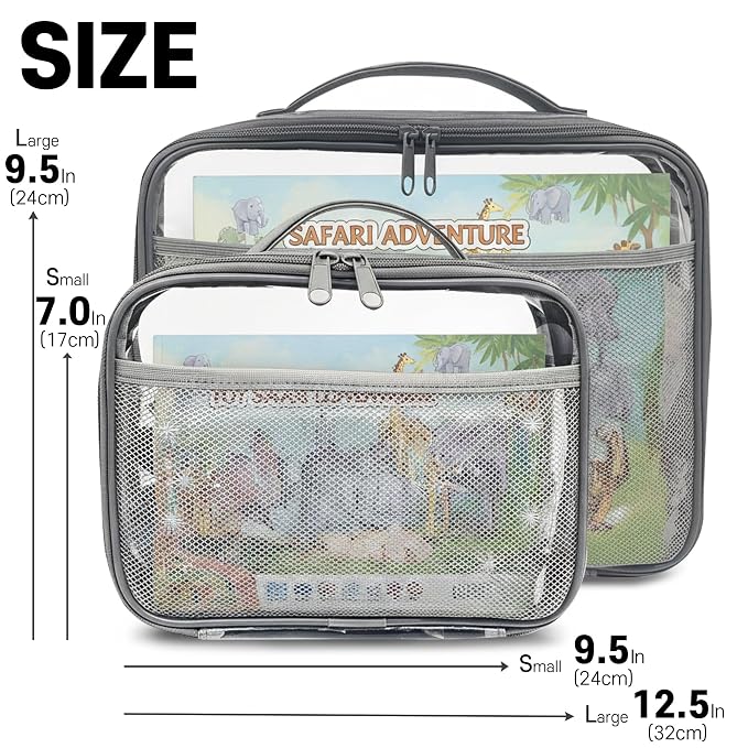 holay 4 Packs Large PVC Toy Storage Organizer with Zipper, Name Tag & Manual Pocket, Clear Durable Case for Blocks, Clay, Board Games, Travel (Gray, Large)