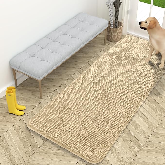 OLANLY Dog Door Mat for Muddy Paws 59x24, Absorbs Moisture and Dirt, Absorbent Non-Slip Washable Doormat, Quick Dry Chenille Mud Mat for Dogs, Entry Indoor Entryway Carpet for Inside Floor, Sand