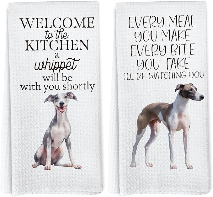 Funny Whippet Dog Kitchen Towels, Whippet Dog Lovers Gifts for Women Men Hand Towels, Pet Lover Gifts Dishcloths Dish Towel for Kitchen 16x24 Inches Set of 2