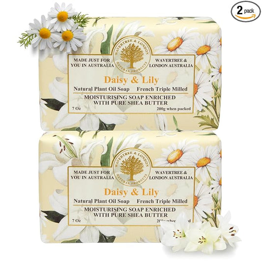 Wavertree & London Daisy & Lily Scented Natural Soap (2 Bars), 7oz Moisturizing French Triple Milled Soap Bars enriched with shea butter - Pure Plant Based Bath & Body Bars for All Skin Types