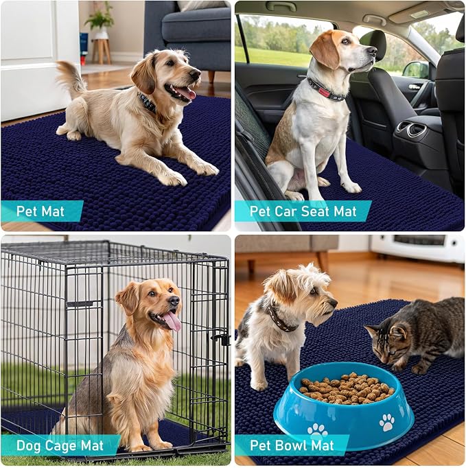 OLANLY Dog Door Mat for Muddy Paws 40x32, Absorbs Moisture and Dirt, Absorbent Non-Slip Washable Doormat, Quick Dry Chenille Mud Mat for Dogs, Entry Indoor Entryway Carpet for Inside Floor, Navy Blue