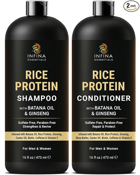 INFINA ESSENTIALS Rice Water Shampoo and Conditioner Set | 16 fl oz Each | with Batana Oil & Ginseng | Rice Shampoo for Repairing Damaged Hair | Strengthening & Thickening Formula