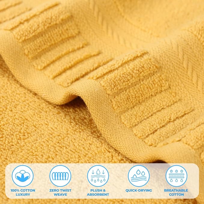 Superior Venice Zero Twist Cotton Medium Weight Towels, for Guest Bath, Bathroom, Shower, Spa, Plush Towels, Bath Essentials, Ribbed Textured Border, 9 Piece Assorted Towel Set, Gold