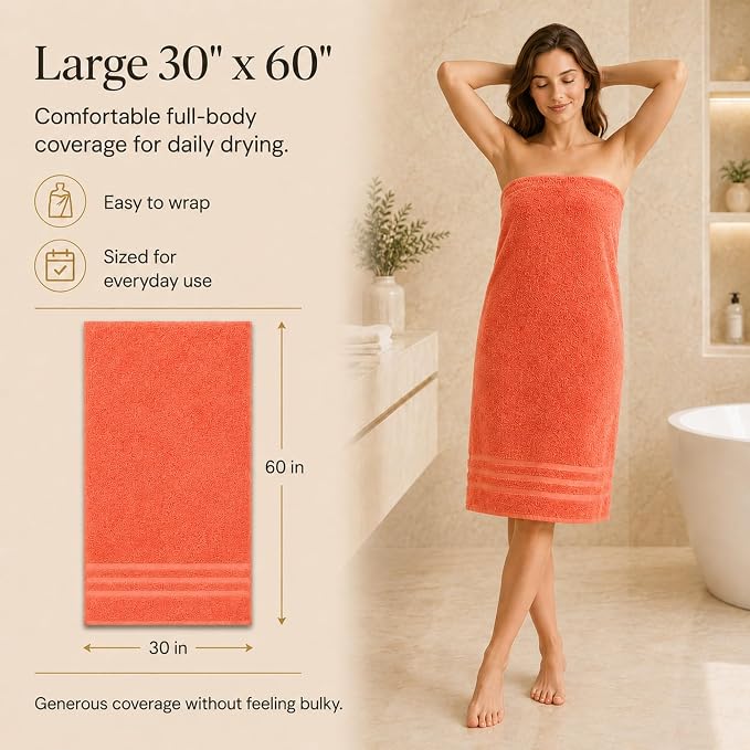 Velqora Bath Towels, 4 Pack, 30x60 in, 100% Cotton, Soft & Absorbent, Coral | Balanced Weight | Everyday Comfort | Easy Care