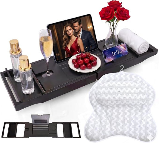 Bath Tray for Tub and Ergonomic Pillow Premium - Caddy Expandable 29 to 42.5 Inch -Foldable Bamboo Wood Tub Organizer - Luxury Bathtub Tray Wood Bamboo
