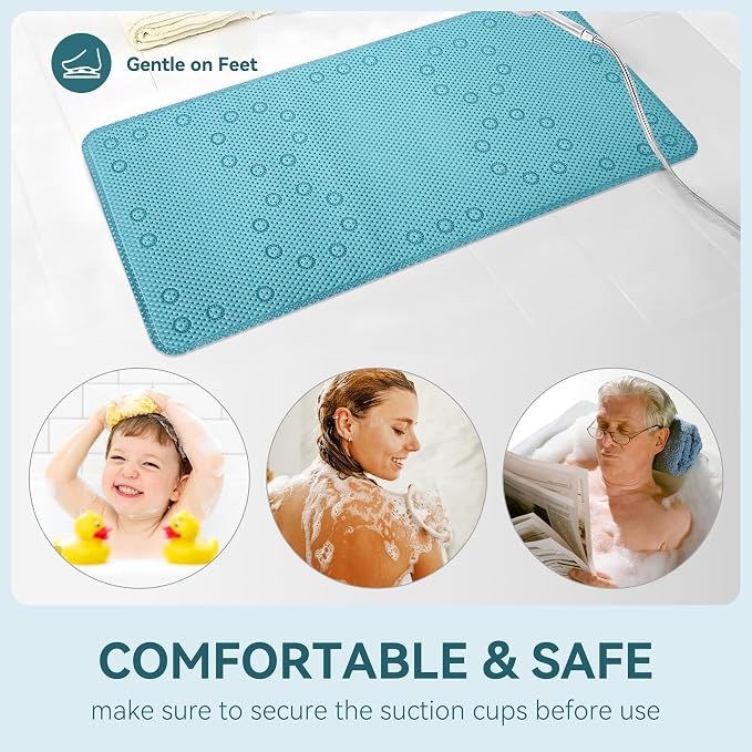Bathtub Mat Non Slip, Soft Foam Bath Mat for Tub, Bathtub Mat with Drain Holes, Suction Cups Shower Mat (Blue, 36''X17'')