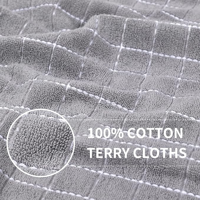 Homaxy 100% Cotton Terry Kitchen Towels(White and Light Grey, 13 x 28 Inches), Checkered Designed, Soft and Super Absorbent Dish Towels, 8 Pack
