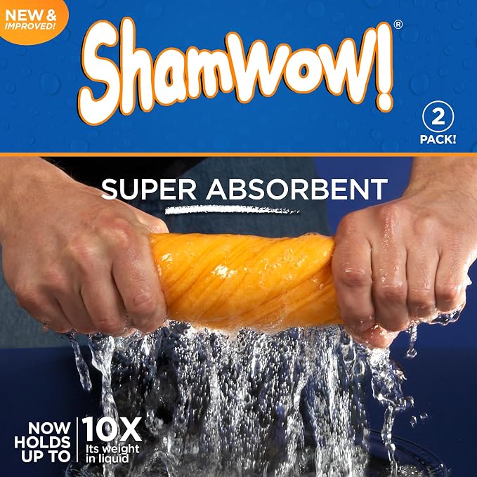 ShamWow 2pk (20"x27") Shammy Super Absorbent Multi-Purpose Home Cleaning, Chamois Towel for Cars, Lint-Free, Streak-Free & Scratch-Free, Holds 10x Its Weight, Machine Washable, Orange
