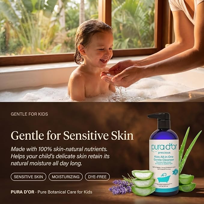 PURA D'OR 16 Oz Kids Wash - All-in-One Gentle Cleanser - USDA Biobased, Sulfate-Free, Tear-Less, Hypoallergenic, Premium, Shampoo & Bubble Bath