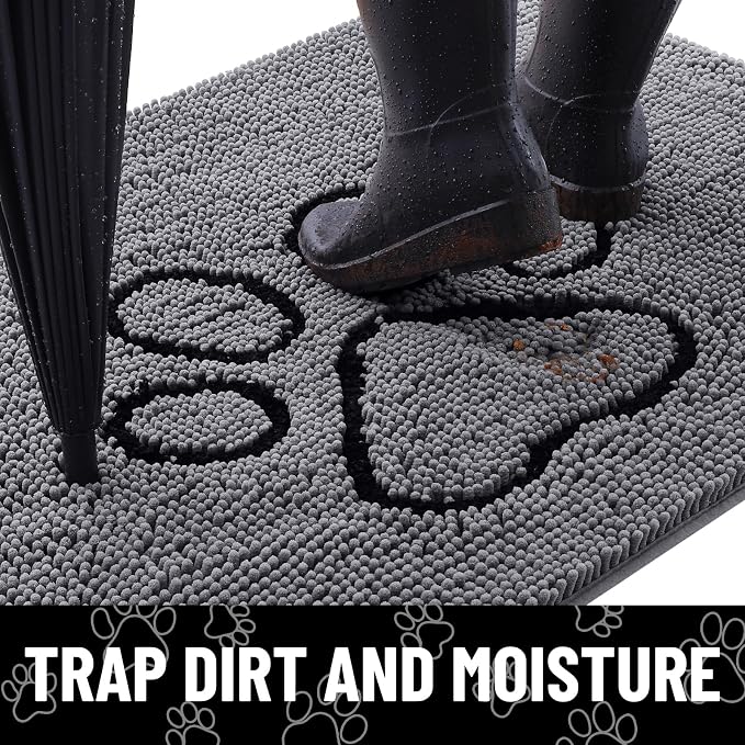Smiry Dog Door Mat for Muddy Paws, Absorbent Dirt Trapper Non Slip Quick Dry Washable Chenille Mat for Mud Dogs, Entry Rug for Indoor and Outdoor (59x24 Inches, Dark Grey and Black)