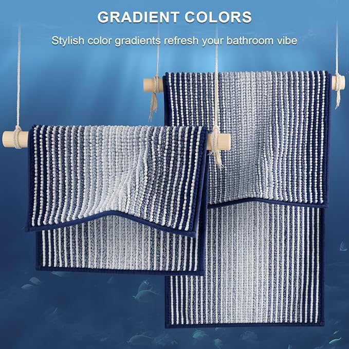 BSICPRO Bathroom Rugs and Mats Sets, 2 Piece Thick Absorbent Chenille Bath Mat Rug Set Non Slip, Soft Shaggy Bath Room Floor Mats for Bathroom, Machine Washable (Navy, 24" x 70" Plus 20" x 32")