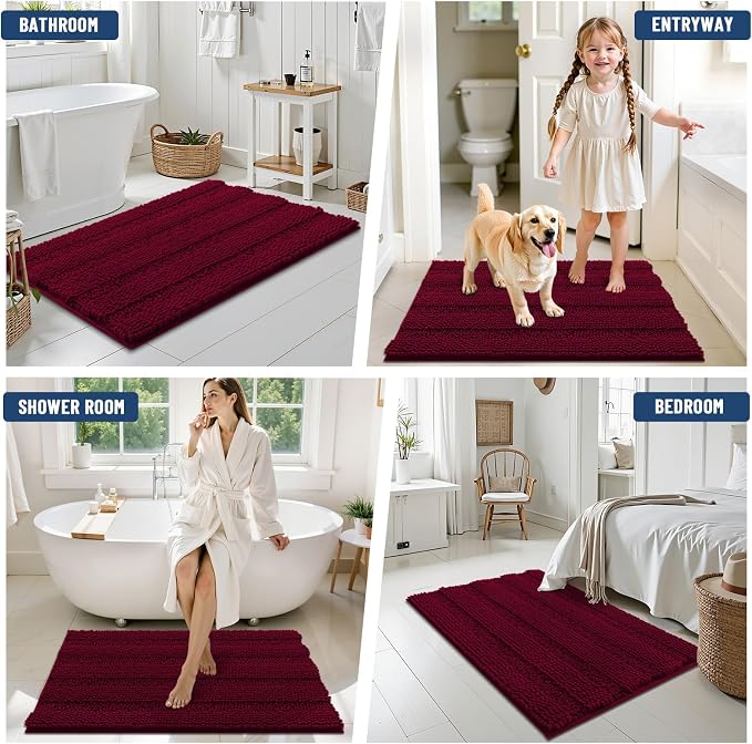 Grandaily Chenille Striped Bathroom Rugs 59x20, Extra Thick and Soft Absorbent Bath Mats, Rubber Backing, Plush Shaggy Shower Carpet, Machine Wash Dry, Bath Rug for Bathroom, Wine Red