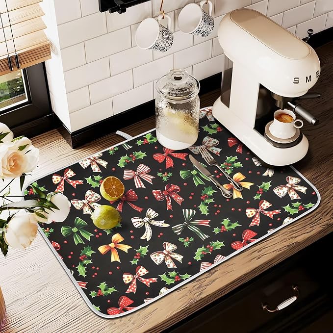 Christmas Bow Berries Dish Drying Mat, Absorbent Drainer Mats for Kitchen Counter Coffee Maker 24"x18"