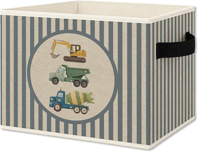 Construction Boy Nursery Foldable Storage Bins Box with Handles, Blue Striped Truck Car Collapsible Organizer Basket for Boys Kids Toddler Bedroom Bathroom Playroom Clothes Books